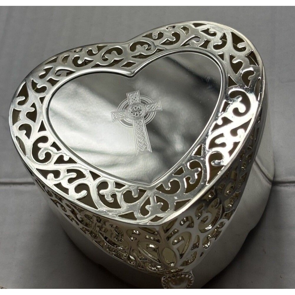 Things Remembered Heart Jewelry Box Celtic Cross Silver Tone Filigree With Box